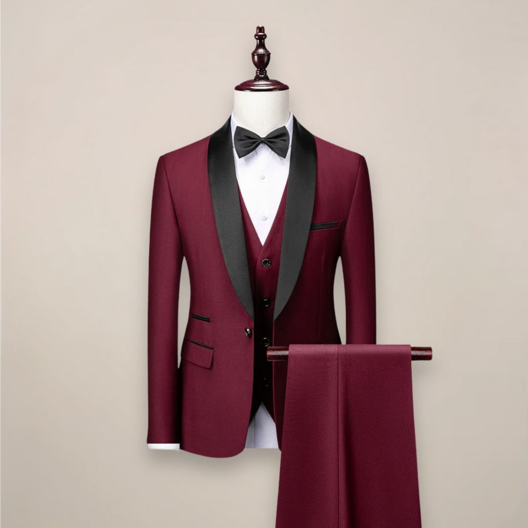 Stylish men's black modern fit tuxedo, a three-piece suit ideal for prom or parties