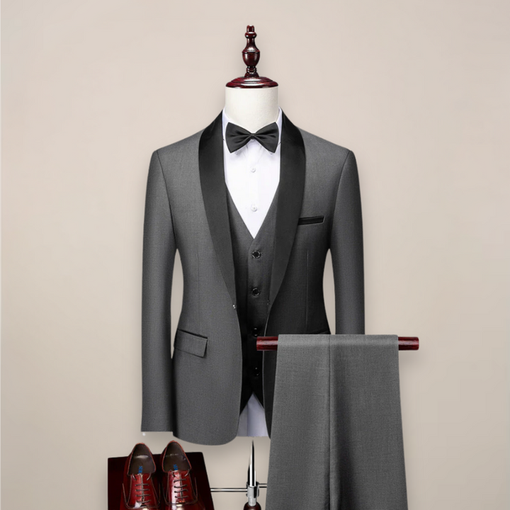 Sophisticated men's black tuxedo suit, modern fit three-piece for weddings and formal attire