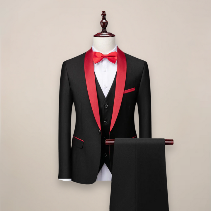 Classic black men's three-piece tuxedo suit, modern fit, suitable for any elegant occasion