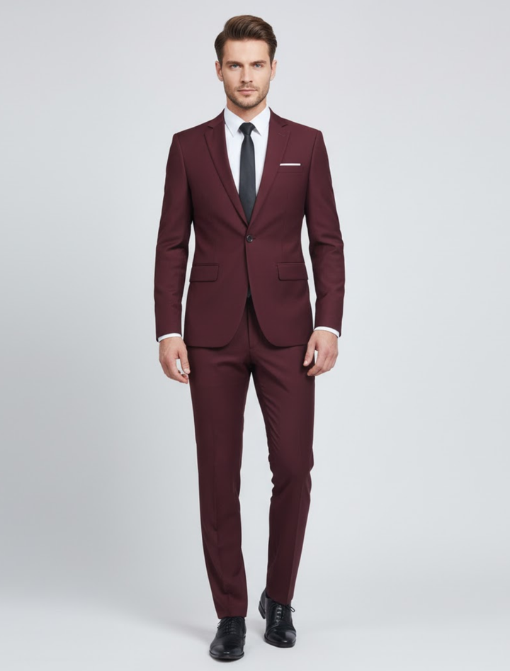 Gentleman in a stylish modern fit two-piece suit, suitable for both casual and formal wear, side view.