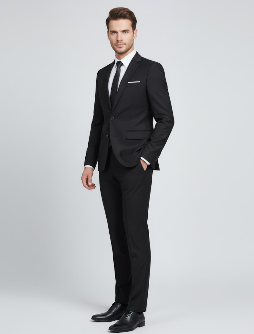 Close-up of fabric subtle texture on a men's modern fit two-piece suit, highlighting quality tailored design.