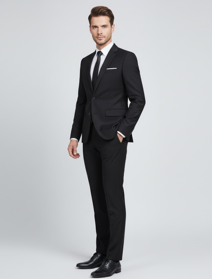 Close-up of fabric subtle texture on a men's modern fit two-piece suit, highlighting quality tailored design.