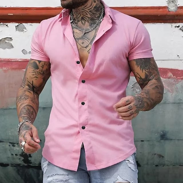 Fashionable men's fitted short sleeve button-up shirt, showcasing a modern design.