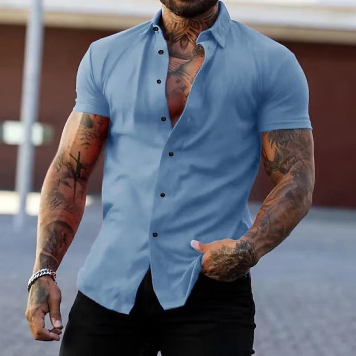 Men's summer fashion short sleeve button-up shirt with a sleek fitted modern cut.