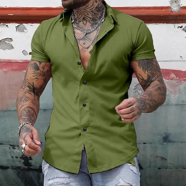 Comfortable men's fitted short sleeve button-up shirt, ideal for warm weather style.