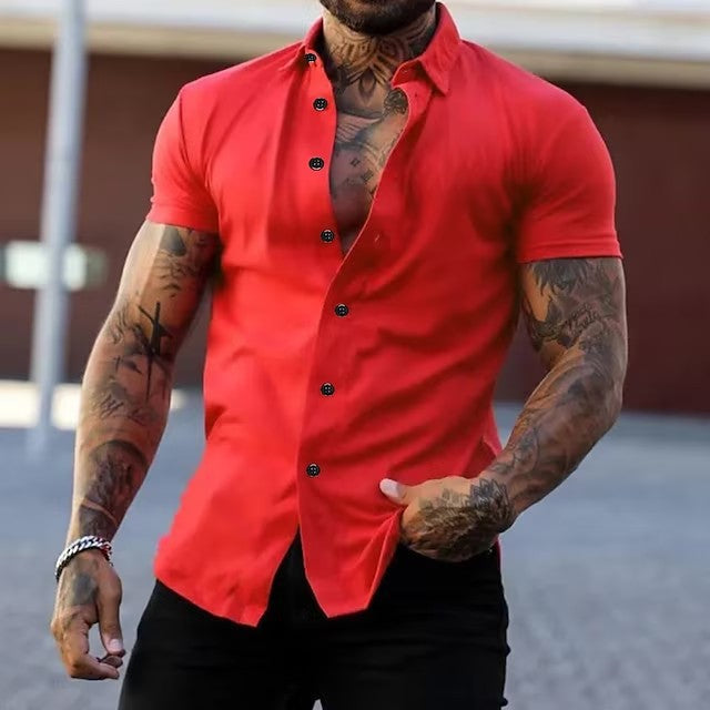Modern cut men's fitted short sleeve button-up for a refined casual men's style.