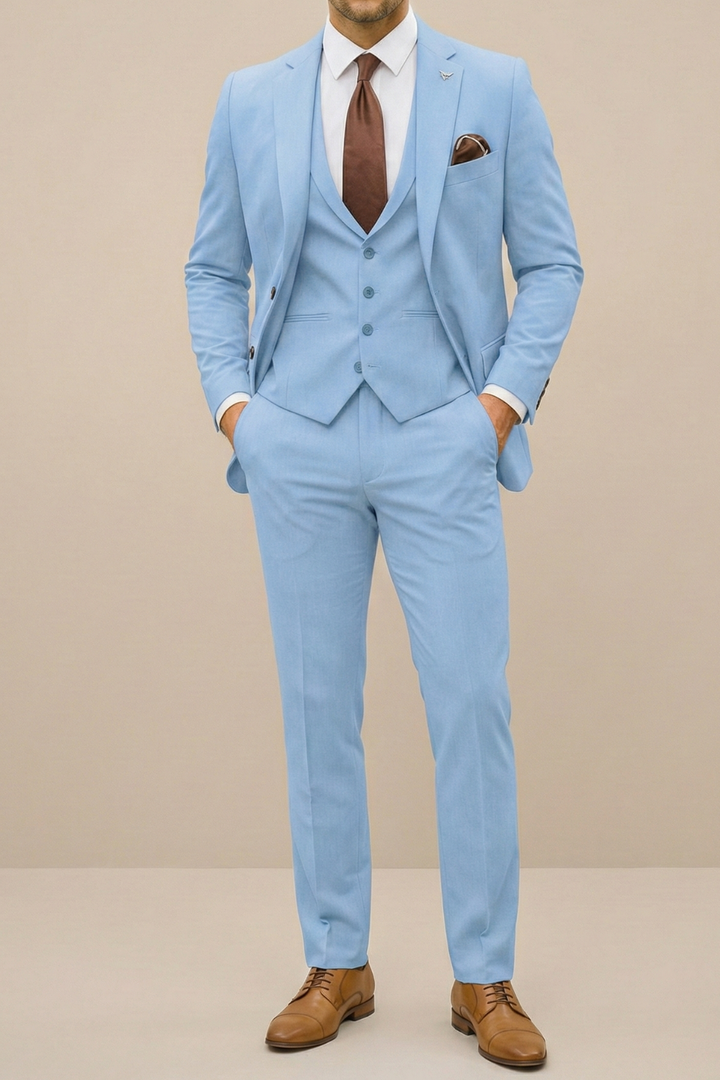 Men's Modern Grey Three-Piece Slim Fit Suit Set for formal occasions, business attire, or wedding.