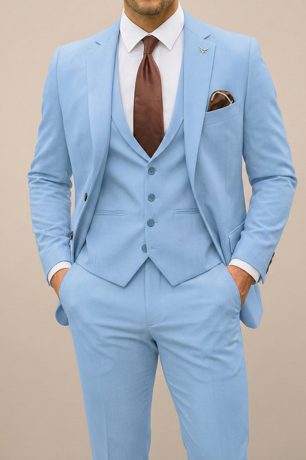Close-up of the fabric texture on a Men's Slim Fit Three-Piece Suit, ideal for modern formal wear.