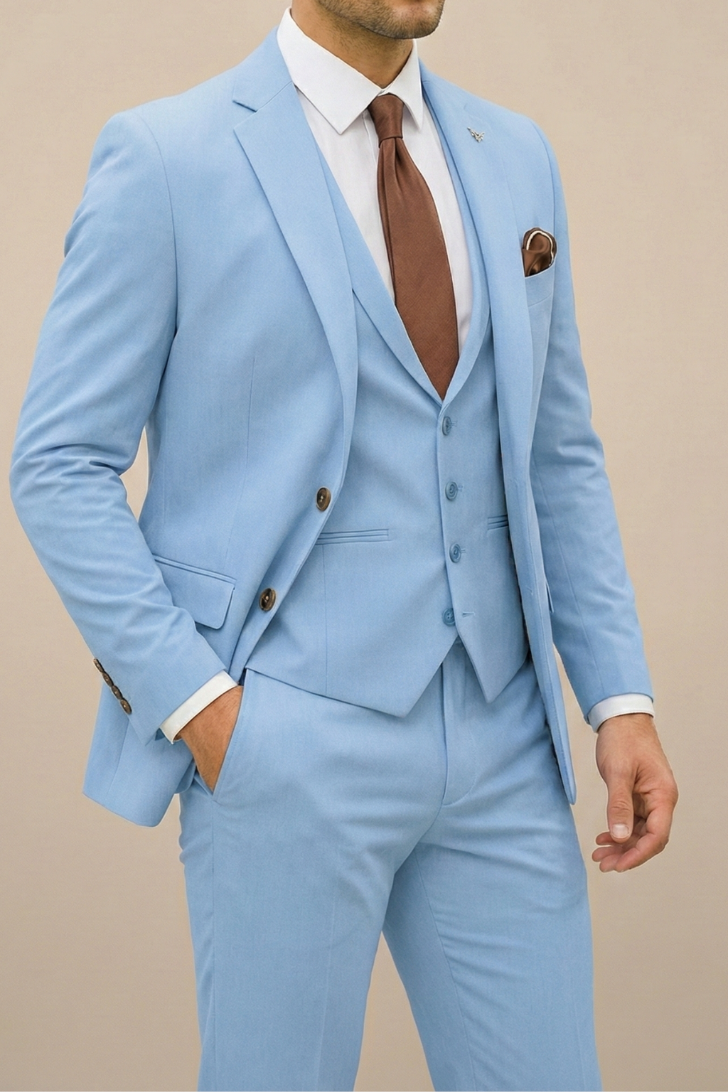 Full view of a man wearing a stylish Men's Three-Piece Slim Fit Suit, perfect for a wedding or party.