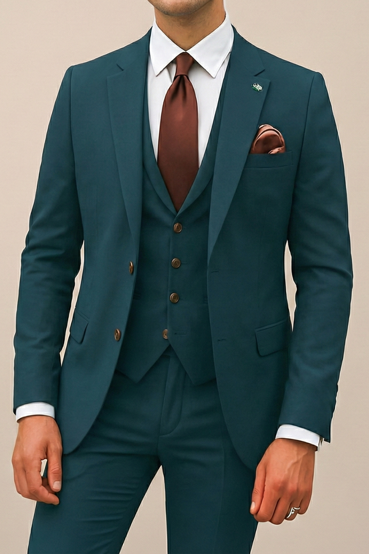 Detail of the buttons and lapel on a sophisticated Men's Formal Three-Piece Suit for special events.