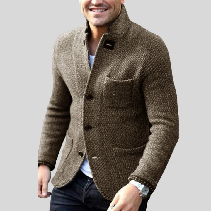 Warm men's insulated button blazer. A stylish modern jacket for chilly fall & winter days. Smart casual menswear.