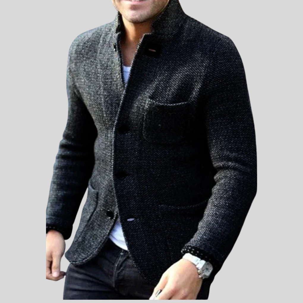 Men's fashion insulated button blazer. Modern style outerwear, ideal for smart casual or layered cold-weather outfits.