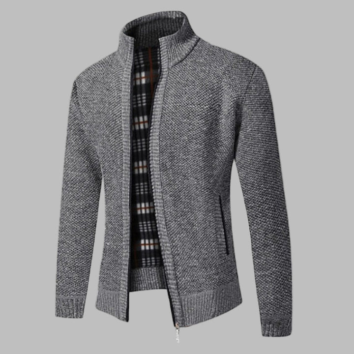 Men's modern knit pullover zipper sweater, stylish & comfortable for autumn/winter casual wear.