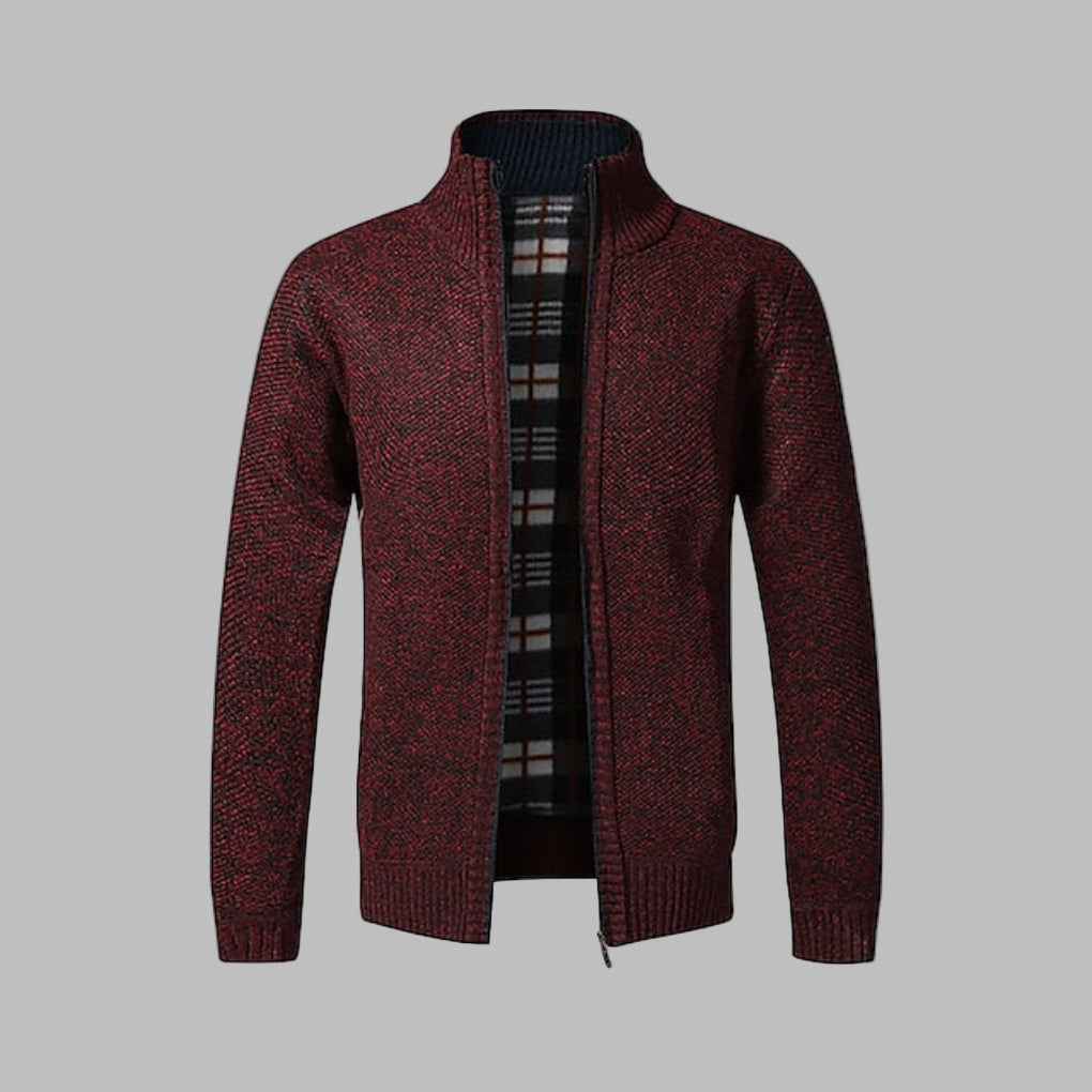 Close-up of stylish men's zipper sweater, showcasing the modern knit texture and quality design.