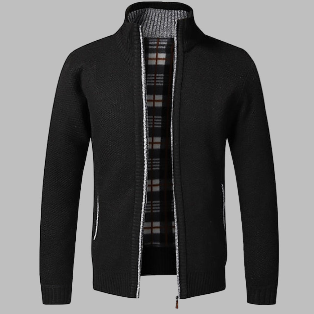 Full-length view of a men's stylish autumn zipper sweater, ideal for smart-casual winter fashion.