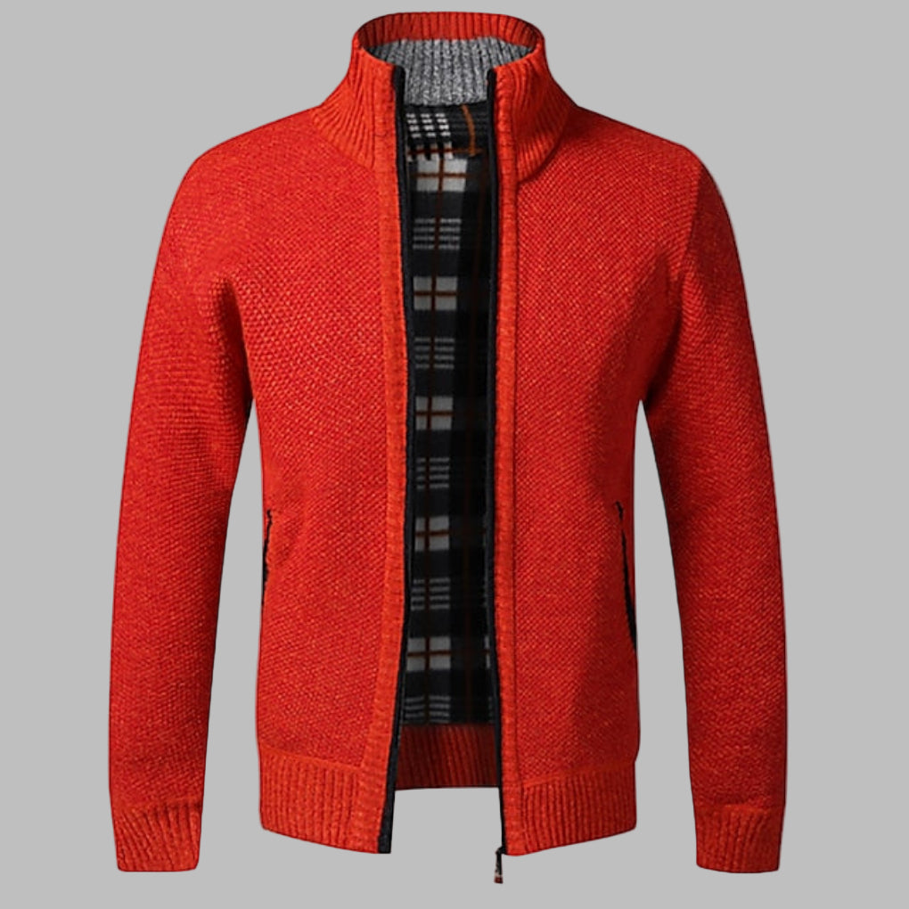 Dark-colored men's modern knit sweater, a versatile zipper pullover for a contemporary casual look.