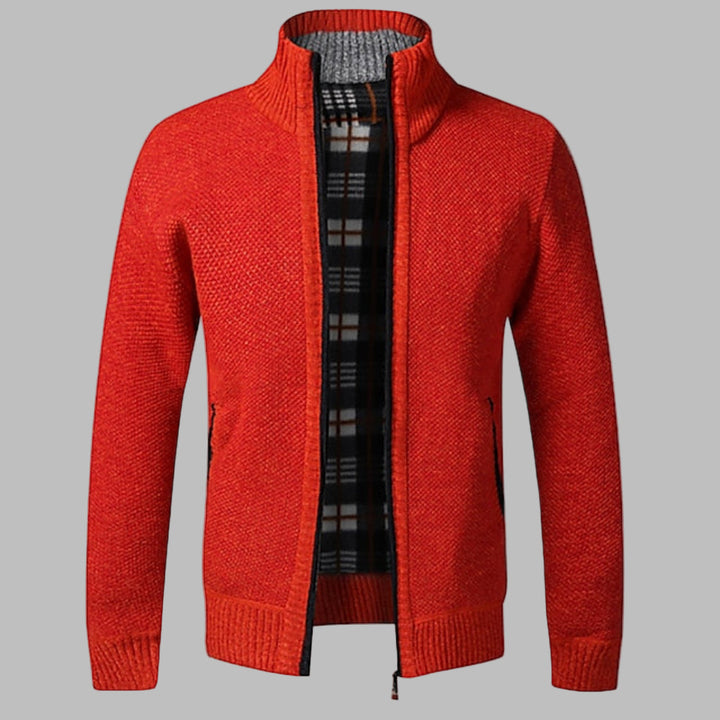 Dark-colored men's modern knit sweater, a versatile zipper pullover for a contemporary casual look.