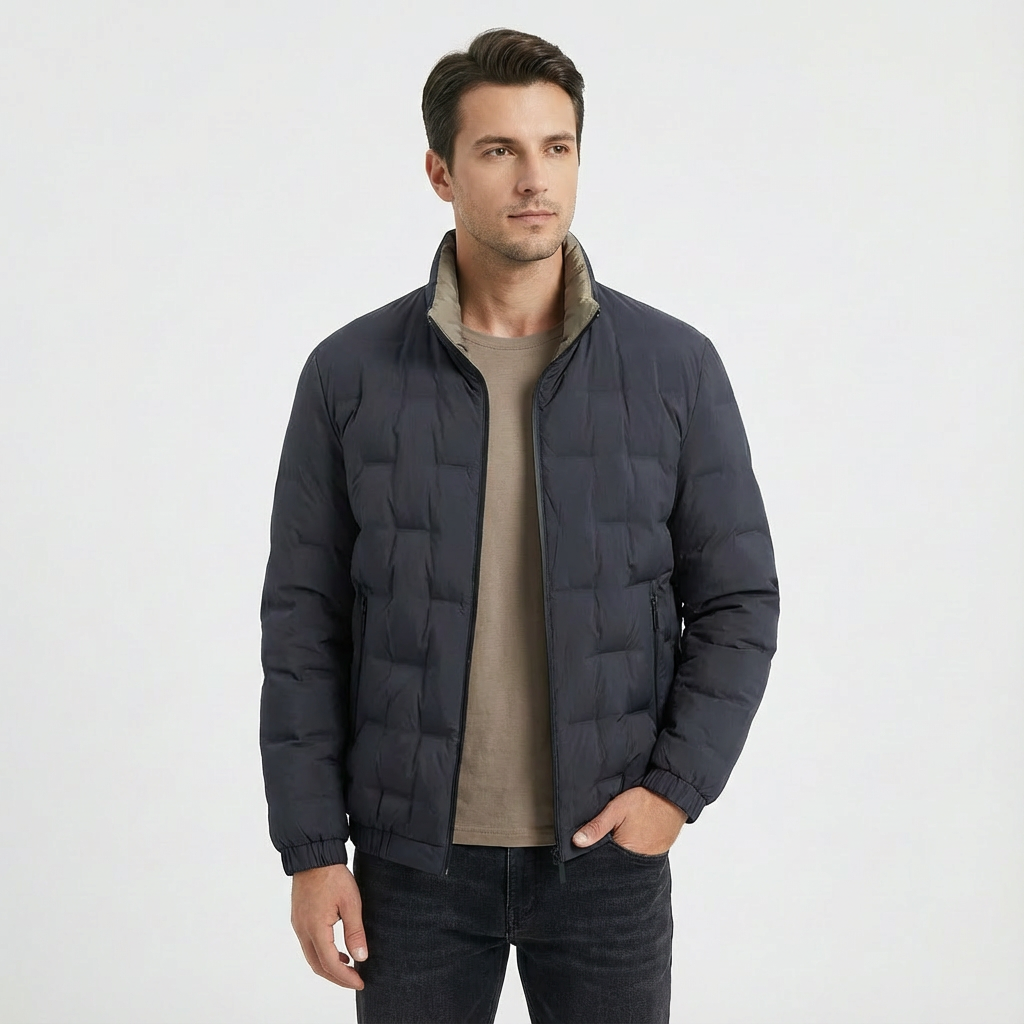 Water-resistant men's quilted jacket with stand collar. Ideal for cool weather, offers windproof protection.