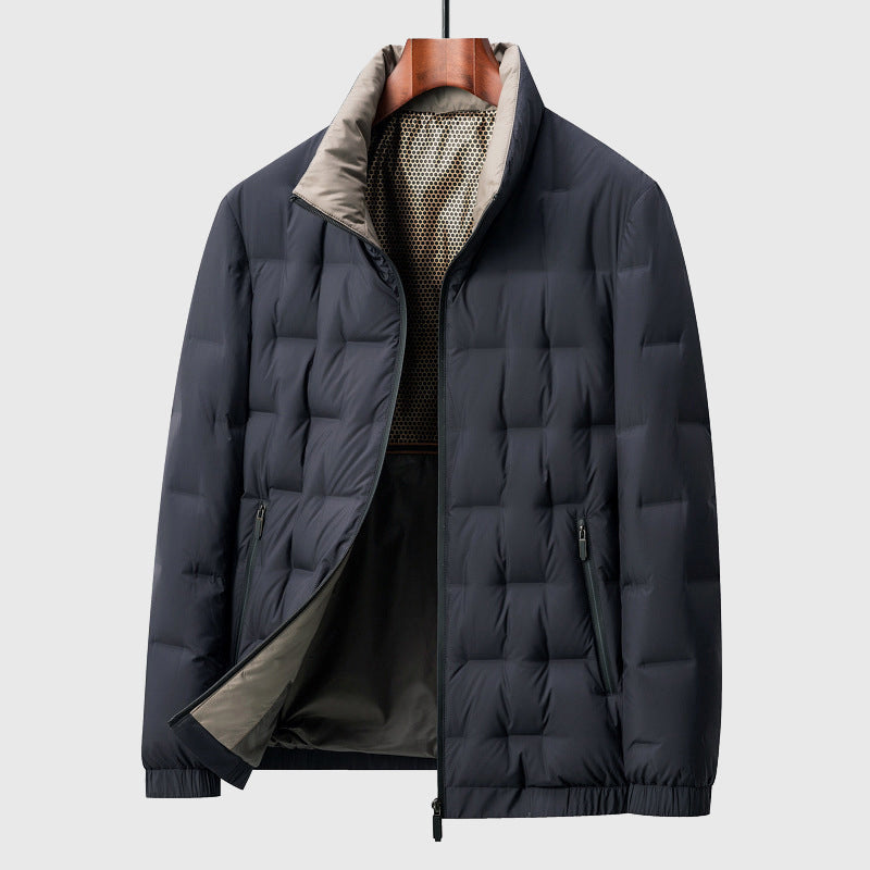 Windproof & water-resistant men's quilted jacket, with a stand collar. Durable outerwear for active outdoor protection.