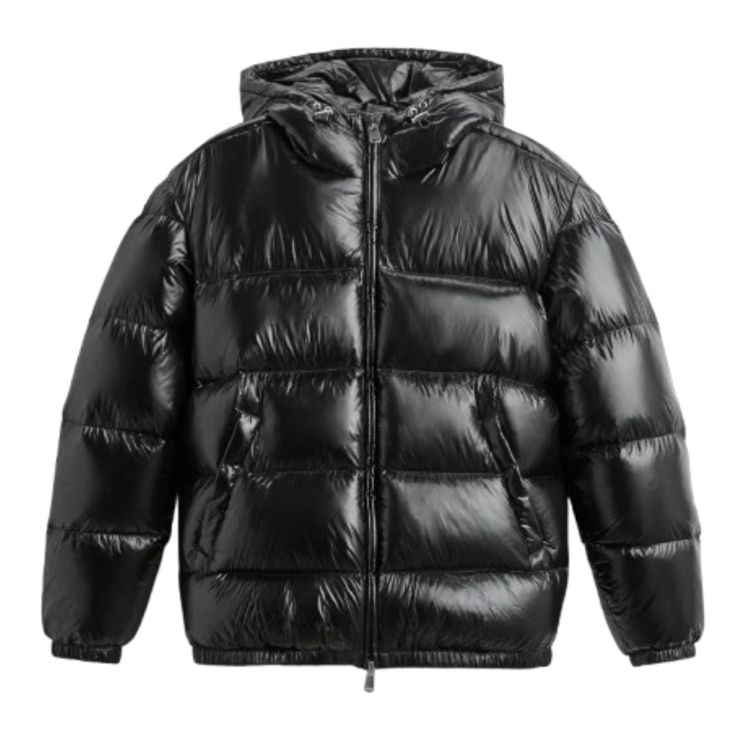 Men's modern shiny black hooded puffer jacket, ideal for winter streetwear and cold weather outerwear.