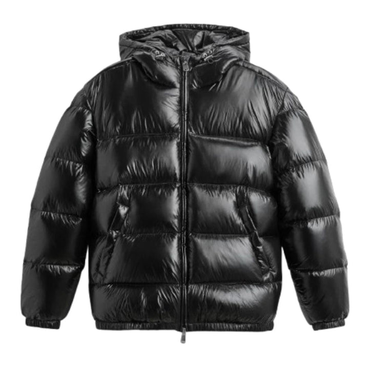 Men's modern shiny black hooded puffer jacket, ideal for winter streetwear and cold weather outerwear.