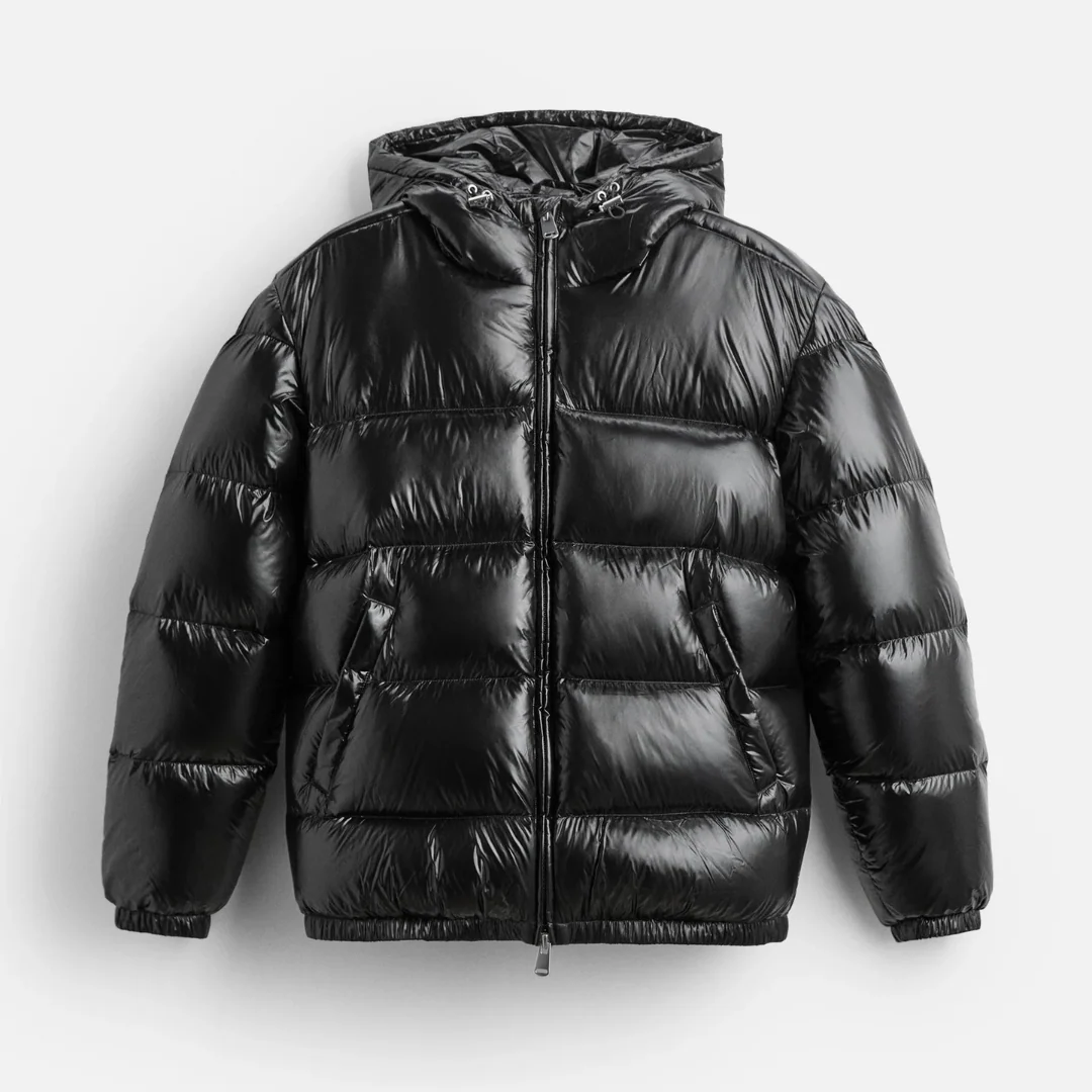 Fashionable men's shiny hooded puffer jacket in a deep color, perfect for stylish winter outerwear.
