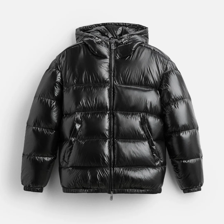 Fashionable men's shiny hooded puffer jacket in a deep color, perfect for stylish winter outerwear.