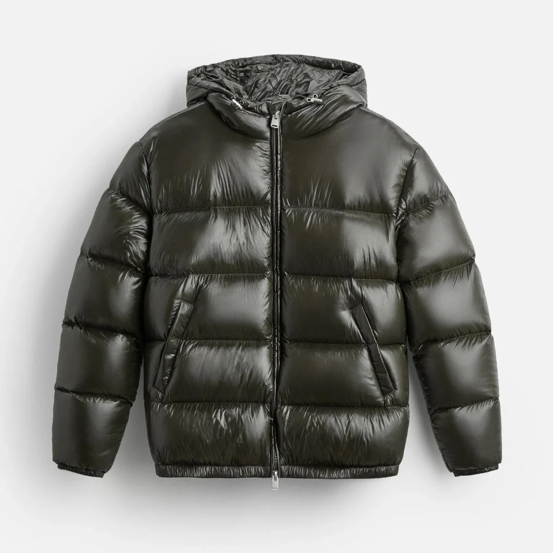 Sleek men's hooded puffer jacket with a shiny finish, excellent for cold weather and modern streetwear.