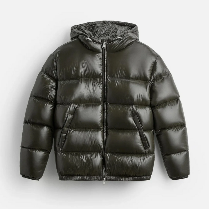 Sleek men's hooded puffer jacket with a shiny finish, excellent for cold weather and modern streetwear.