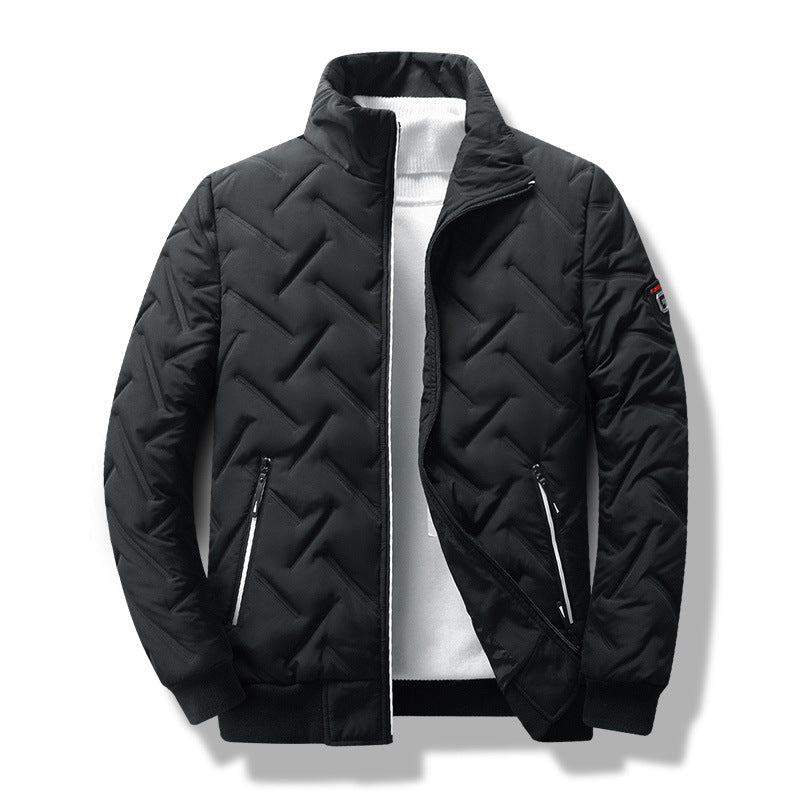 Men's modern slim fit quilted jacket with stand collar zipper for stylish warmth & casual outerwear.