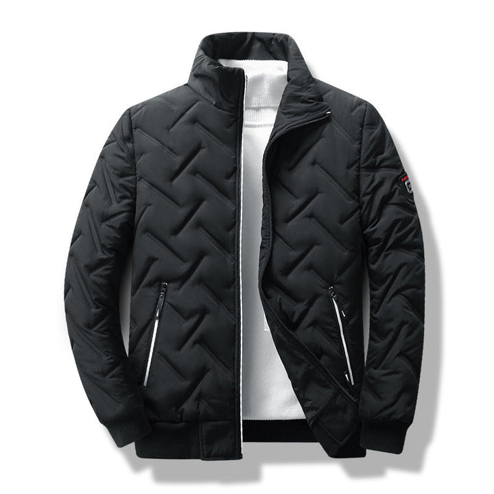 Men's modern slim fit quilted jacket with stand collar zipper for stylish warmth & casual outerwear.