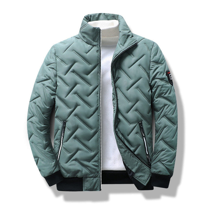 Men's warm, slim fit quilted jacket with stand collar & chevron pattern. Perfect smart casual outerwear.