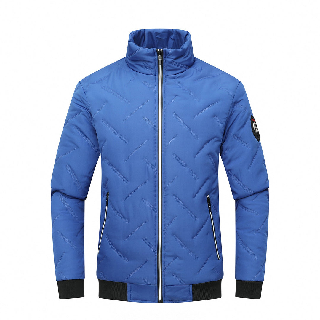 Modern men's slim fit quilted jacket. Stylish zipper outerwear provides warmth for casual or smart-casual looks.
