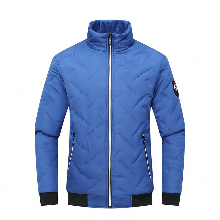 Modern men's slim fit quilted jacket. Stylish zipper outerwear provides warmth for casual or smart-casual looks.