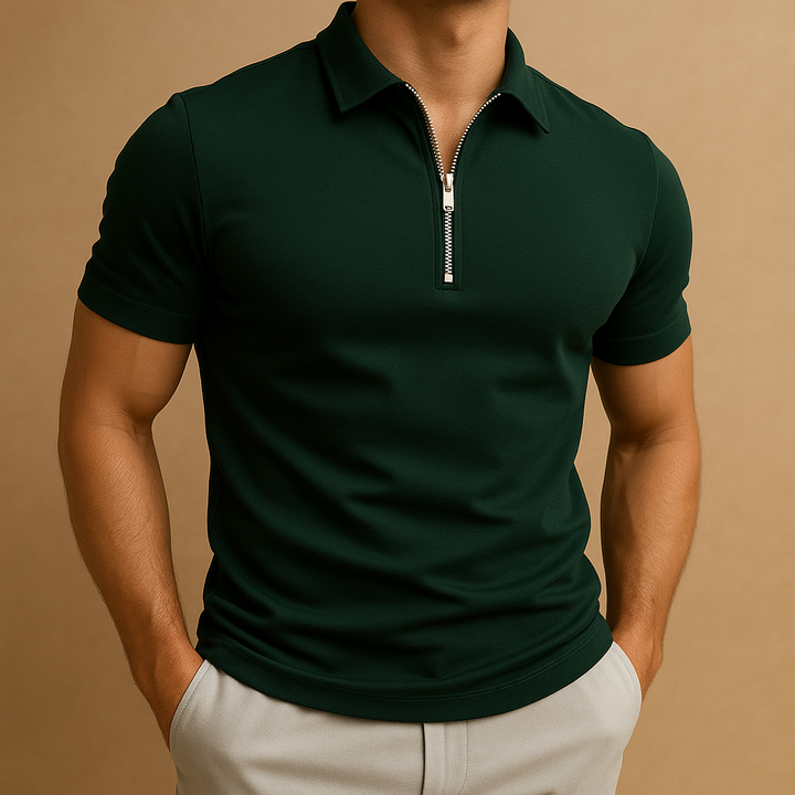 Comfortable men's short sleeve zip polo, modern slim fit. Refined style perfect for casual tops & men's fashion.