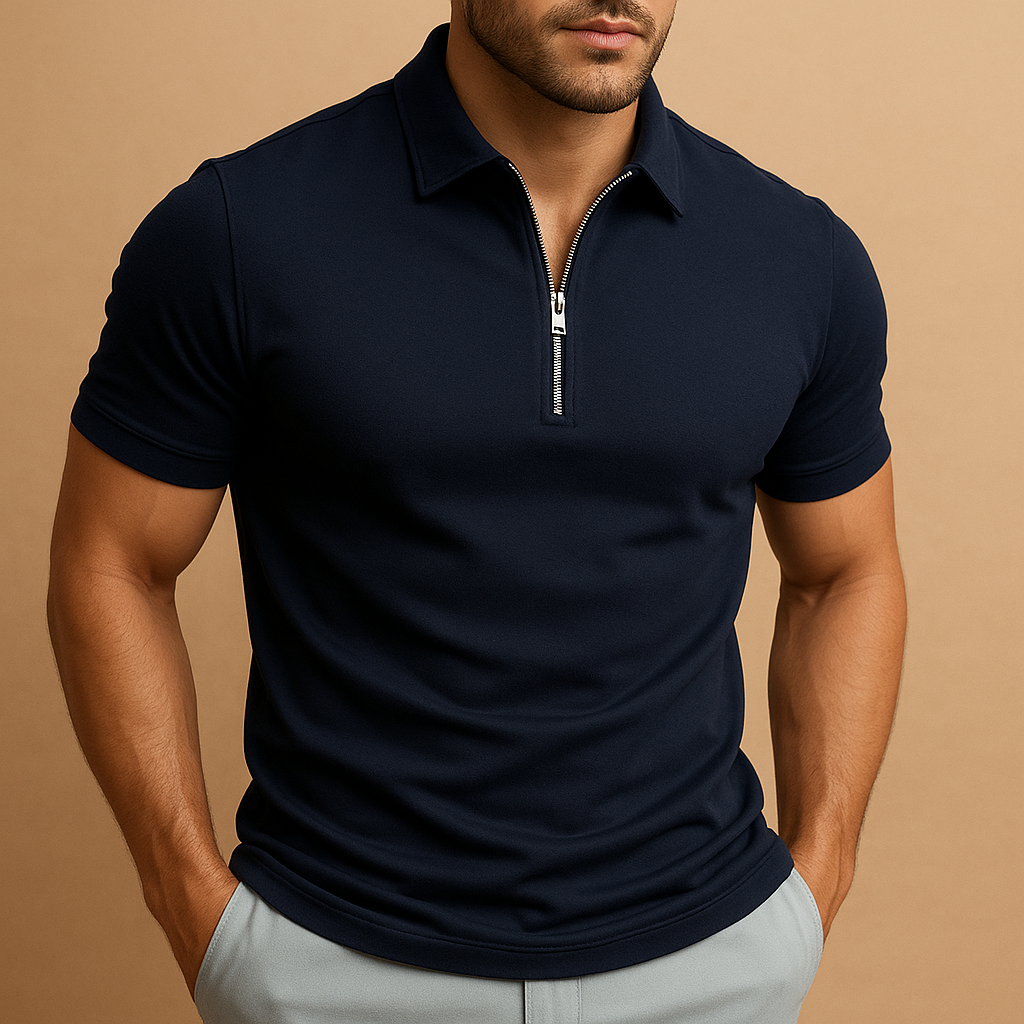 Modern men's zip polo shirt, slim fit. High-quality short sleeve design, a stylish and versatile casual top for refined fashion.