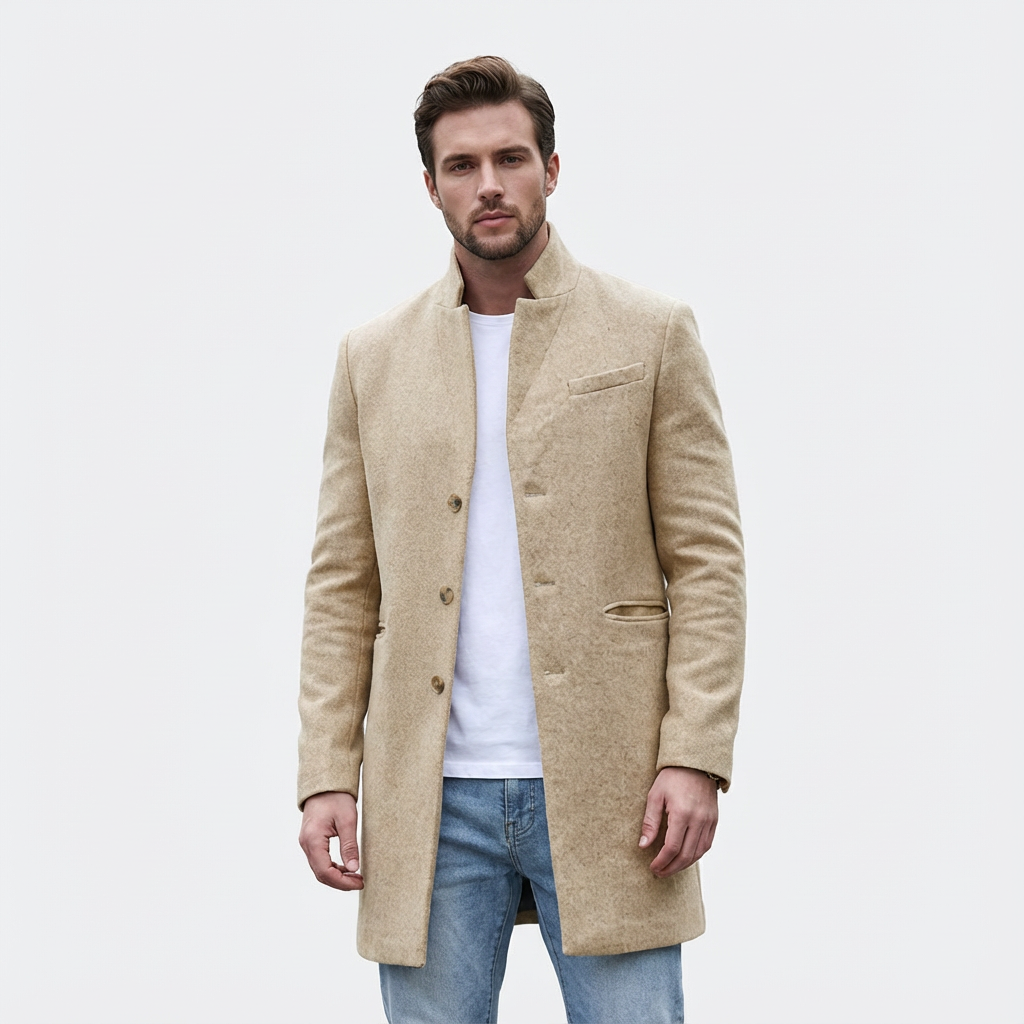Men's modern spring long coat with button front. Smart casual outerwear, perfect for business or versatile style.