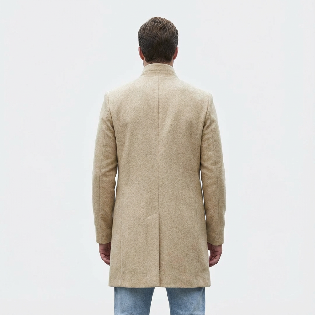 Stylish men's long spring coat. Button-front trench coat for smart casual or business casual men's fashion.