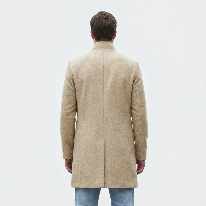 Stylish men's long spring coat. Button-front trench coat for smart casual or business casual men's fashion.