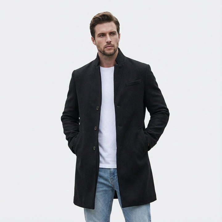 Versatile men's classic long spring coat. Modern button-front outerwear, ideal for smart business casual looks.