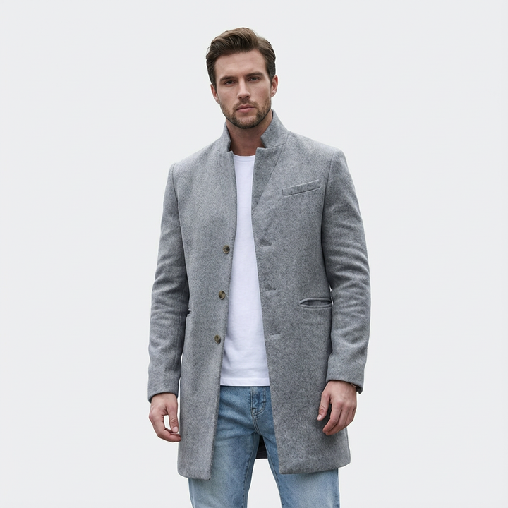 Men's button-front long spring trench coat. Sleek modern design outerwear for smart and business casual wear.