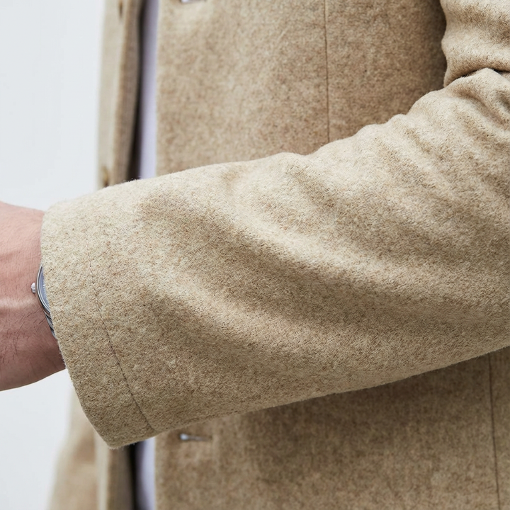 Elegant men's modern long spring coat. Button-front design, perfect smart casual outerwear for men's fashion.