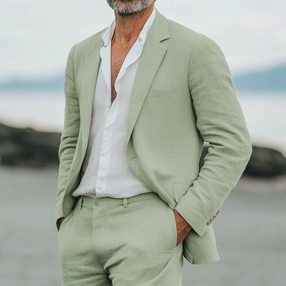Men's modern tailored two-piece suit in sage green, perfect for summer casual or formal wear.