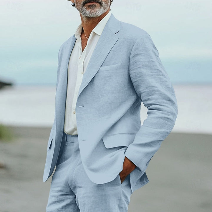 Light blue men's tailored suit set, a versatile two-piece for stylish and comfortable apparel.