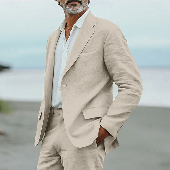 Beige men's two-piece tailored suit, a classic yet modern choice for versatile formal wear.