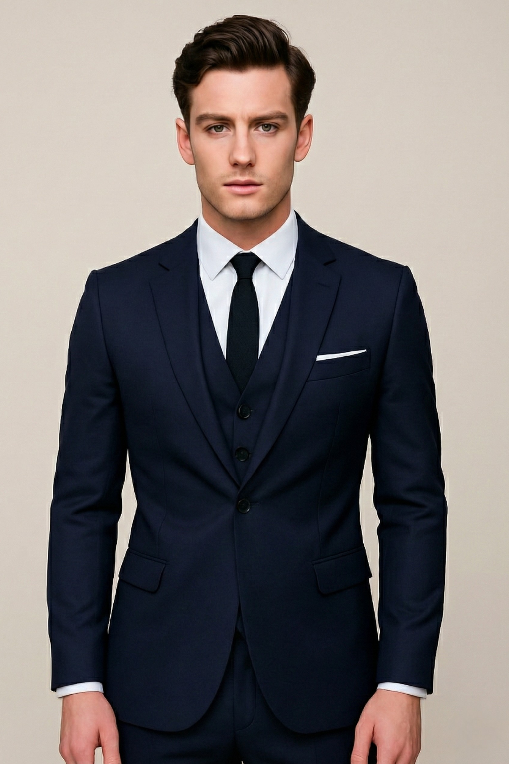 Men's modern three-piece formal suit in dark grey, perfect for business attire or a wedding.