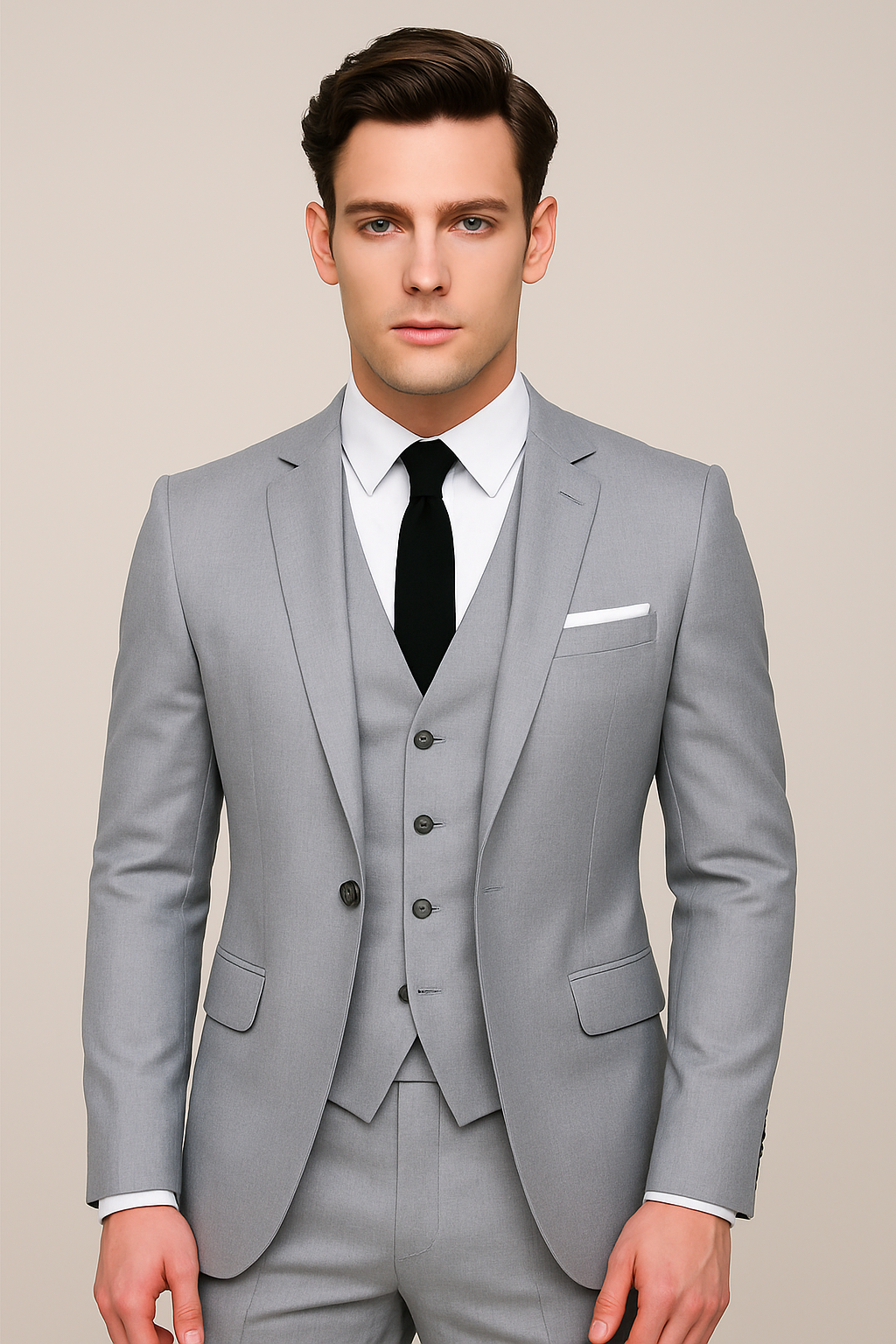 Stylish men's tailored three-piece suit with blazer, waistcoat, and trousers, ideal for formal wear.
