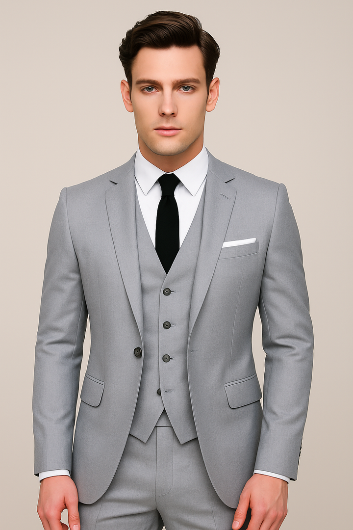 Stylish men's tailored three-piece suit with blazer, waistcoat, and trousers, ideal for formal wear.