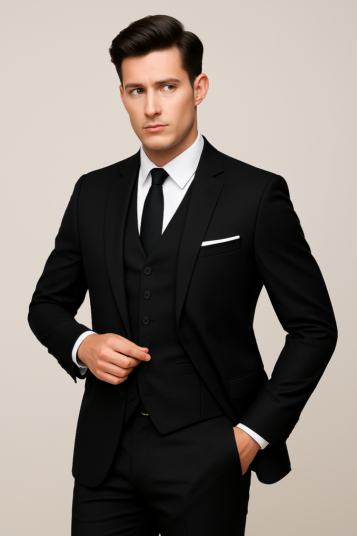 Elegant men's three-piece formal suit, a sophisticated tuxedo alternative for weddings and events.