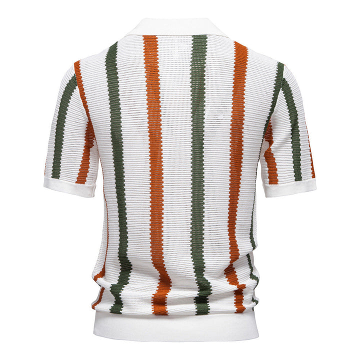 Stylish men's short-sleeve knit polo with a modern vertical stripe pattern and open collar design.
